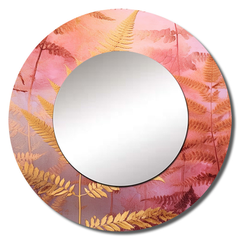 Fond de fougère or rose - miroir unique floral, grand miroir mural rond moderne, impression d'art en métal, 29 po x 29 po