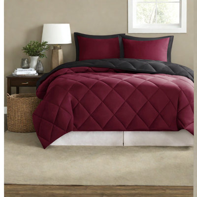 Reversible Diamond Quilted Bedding Set, Microfiber Comforter, Hypoallergenic, Red/black
