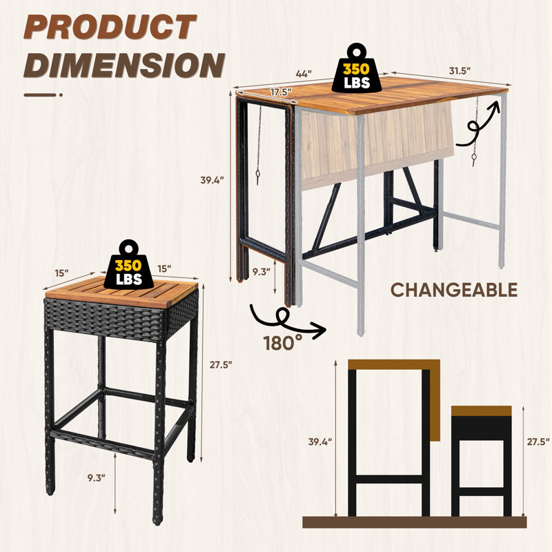 Ensemble repas d'extérieur carré en rotin pour 4 personnes avec table pliable Dionysia