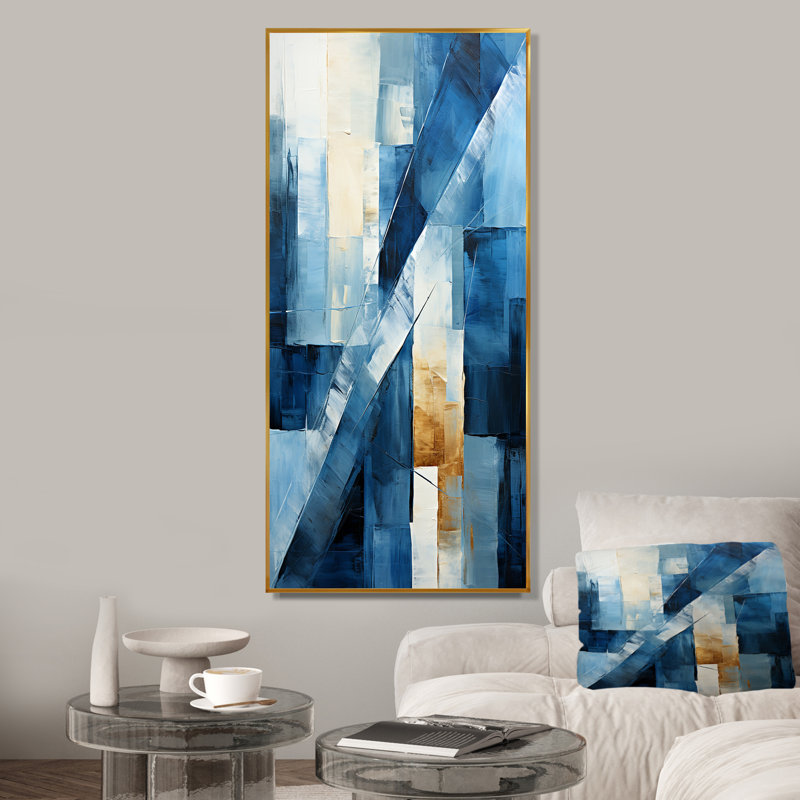 Nautique, formes géométriques bleues IV - art mural géométrique, Cadre flottant doré, 32" H x 24" W