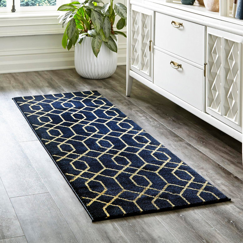 Glam Navy Blue Gold Area Rug, Runner 2' x 6'1"
