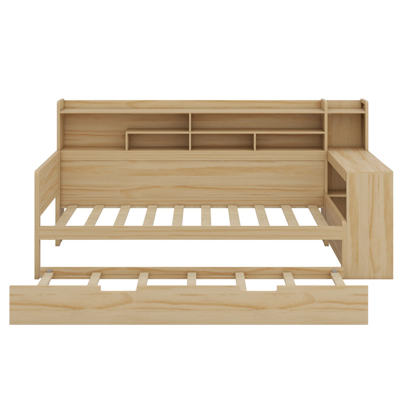 Wooden Daybed With Storage Shelves, Multi-Functional Bed With Trundle Bed And Study Desk, Natural