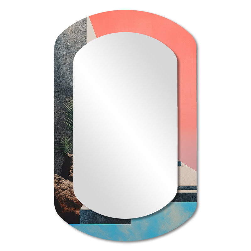 Minimal Collage Modernist Architecture - Grand miroir mural irrégulier moderne à formes 3D abstraites, 31 po x 19 po