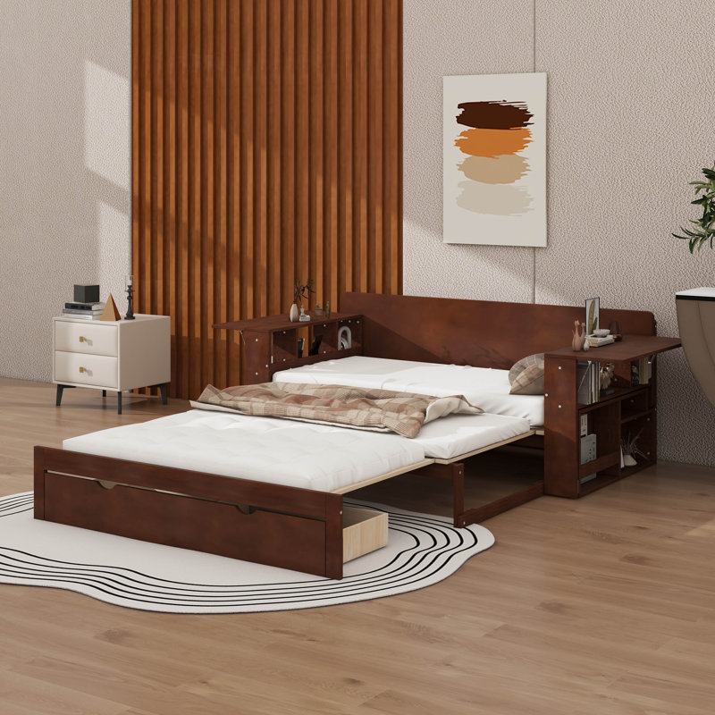 Lit de jour double avec bureau, tiroirs et table d'appoint hydraulique, Lit double, Espresso