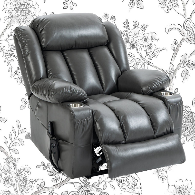 Emalina 41.73" W Lay Flat Massage Recliner, Lift Assist,Dual Motor,Cup Holder, Dark Gray
