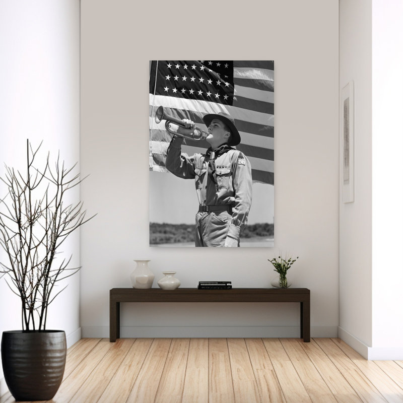 «Boy Scout 1940» jouant du clairon devant un drapeau américain de 48 étoiles, rétro, portrait abstrait, art mural urbain