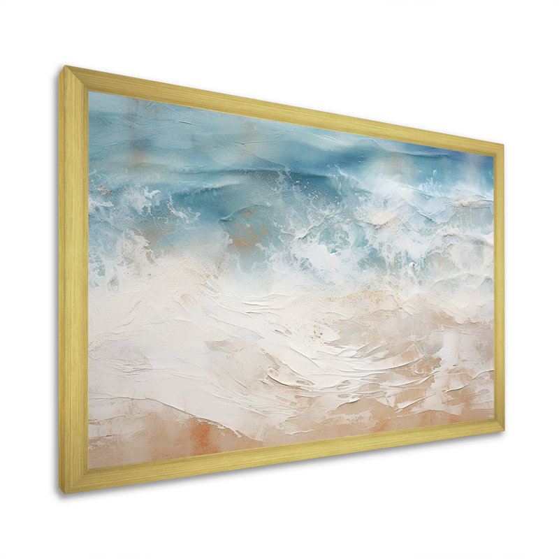 Vue aérienne moderne de sable bleu et beige moderne I - plage de sable de bord de mer, art mural, Cadre doré simple