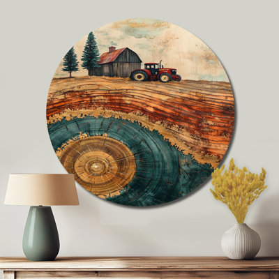Barn With Tractor Landscape On A Top Of Brown I - Farm Round Metal Wall Decor