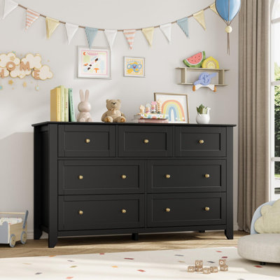 Modern Black 7-Drawer Dresser – 54” Wide Wood Chest with Deep Drawers for Bedroom, Entryway, or Hallway