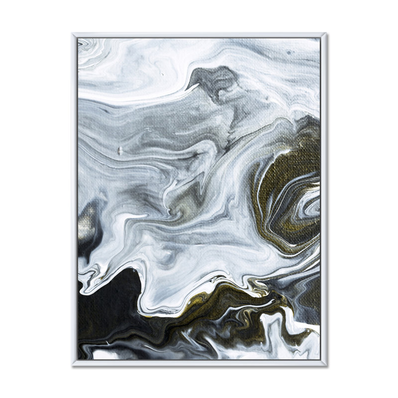 Marbre noir et blanc abstrait liquide - peinture sur toile, H 45 po x l 35 po x P 1,5 po, Cadre blanc