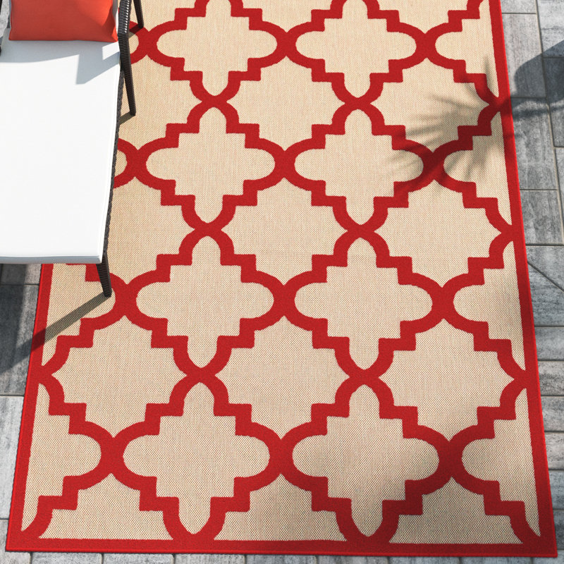 Tapis intérieur / extérieur sable / cerise tissé à la machine Laub, Rectangle 7 pi 10 po x 10 pi 10 po