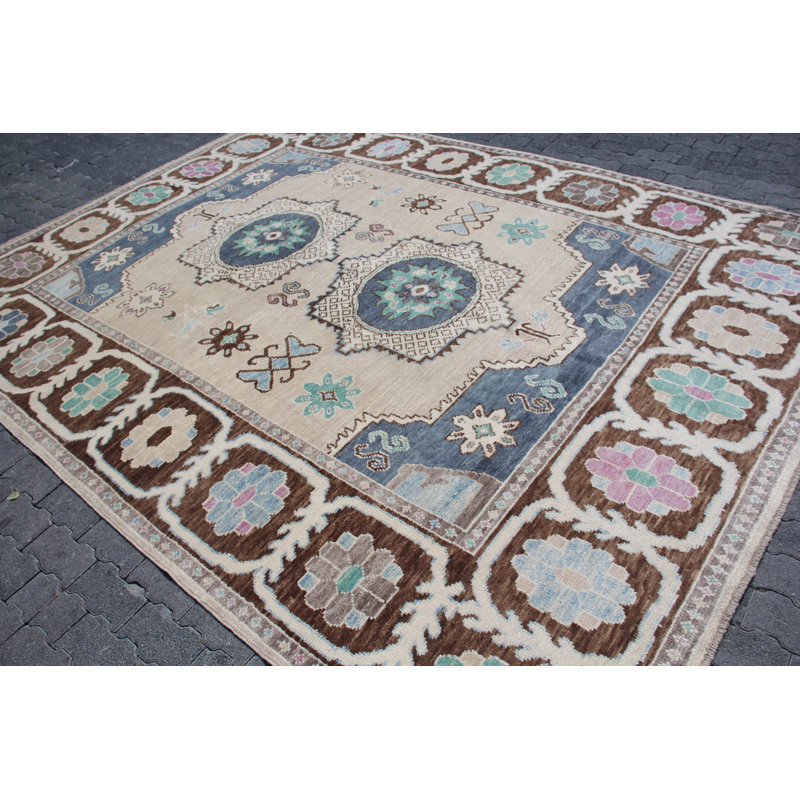 Tapis turc Oushak rétro en laine beige fait à la main pour décoration de salon