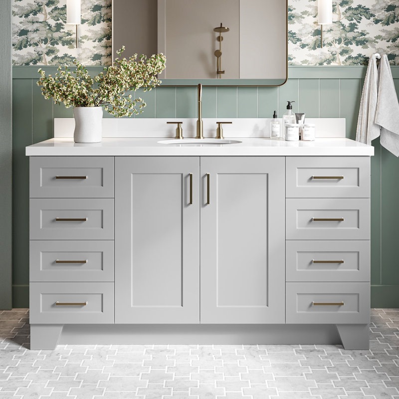 61 IN.  Single Bathroom Vanity, Gray, Oval, White Quartz