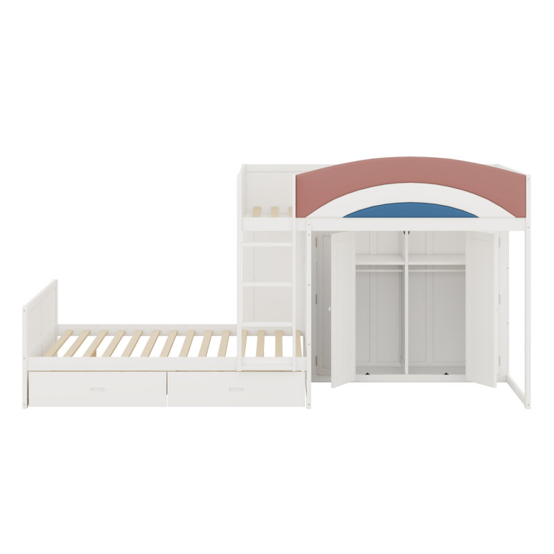 Offset Bunk Bed with Wardrobe, Drawers, Upholstered Guardrail and Hanging Rod, White