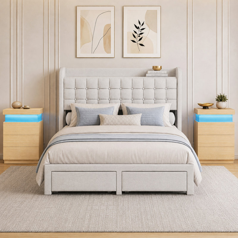Ensemble de chambre à coucher tapissier Chrisha, Beige/noir, Lit double