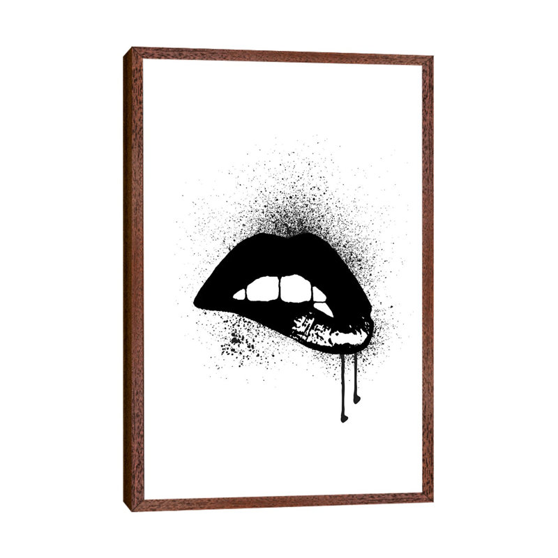 Lips Drip Black by Amanda Greenwood - Floater Frame Print on Canvas, Brown Framed