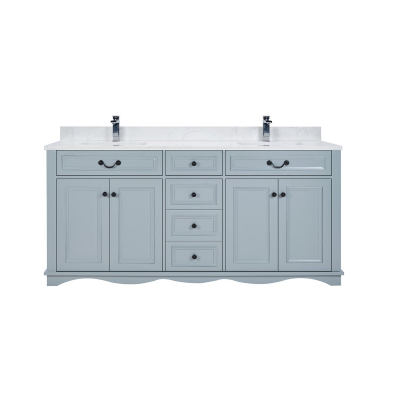 72'' Solid Wood Double Bathroom Vanity with 1'' Engineered Marble Top, Cadet
