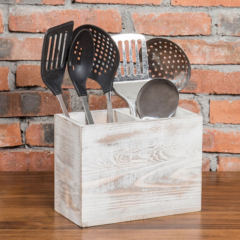 Wood Rectangle Utensil Crock, Rustic White