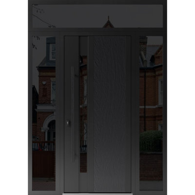 Front Exterior Prehung Steel Door / Dekton 0163 Ardesia Nero / 2 Side and Top Exterior Window Sidelite / Entry Metal Modern Painted W12+36+12" x H80+16" Right hand Inswing