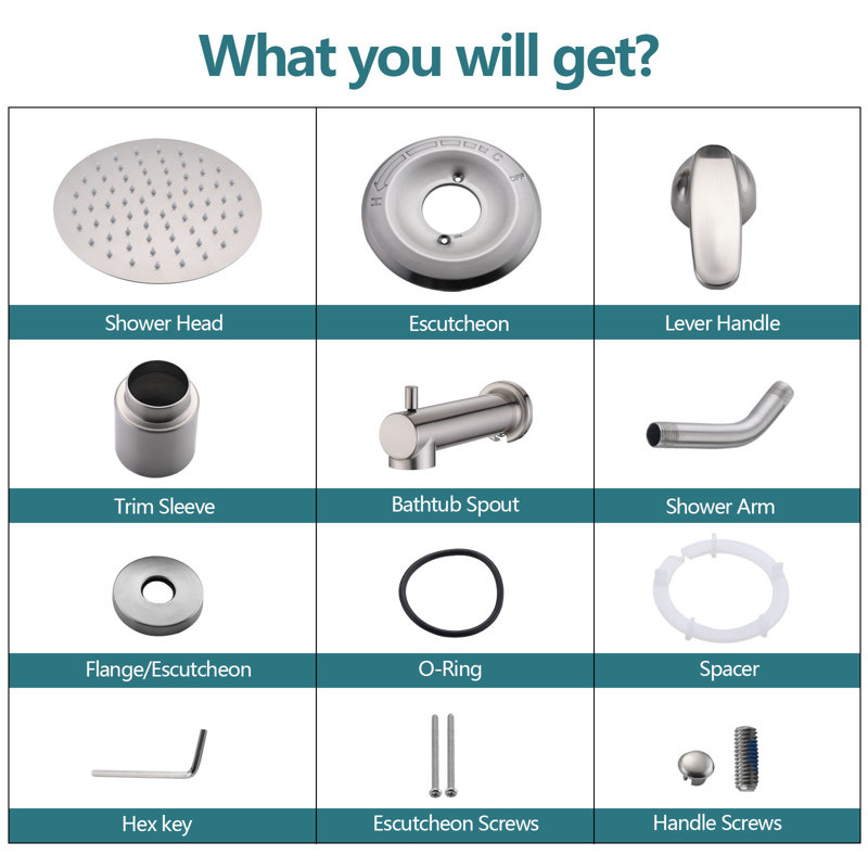 Tub Shower Faucet Set, High Pressure 8" Round Rain Shower Head (Valve/Cartridge Not Included), Brushed Nickel