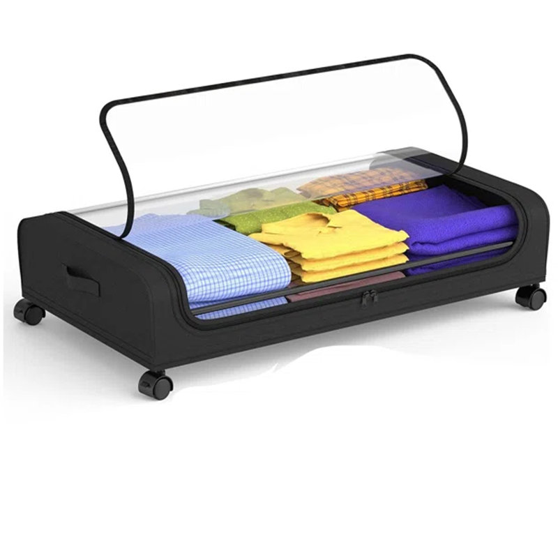 Under Bed Storage with Wheels, Rolling Under Bed Organizer Drawer with Clear Lid & Handles, Arc-Shaped Oxford Fabric Storage Containers for Clothes, Shoes, Toys – Heavy-Duty Metal Frame, 66LBS Capacity