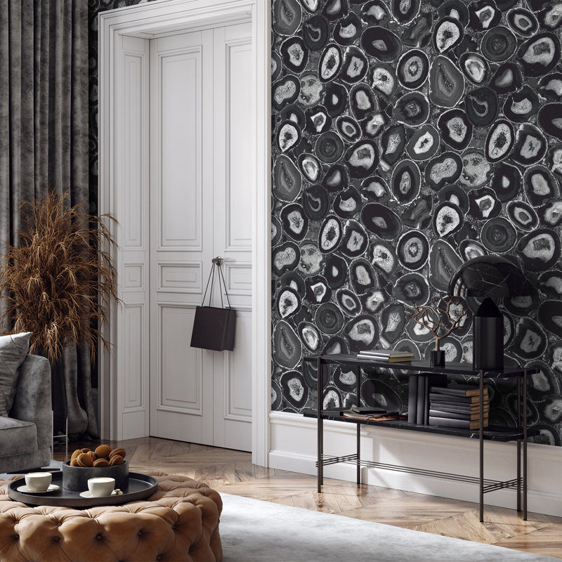 Pepper Glass Bead Finish Geometric Filo Stone Wallpaper Roll, Black