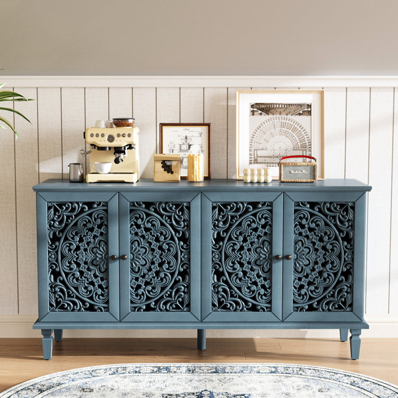 Buffet antique bleu 60 "avec sculptures florales ajourées, tablettes réglables, structure en bois massif, meuble télé idéal pour les pieds de plusieurs zones de décoration, divers styles de maison