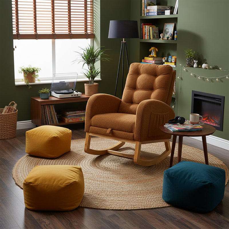 Chaise berçante classique rembourrée avec repose-pieds réglables, Caramel