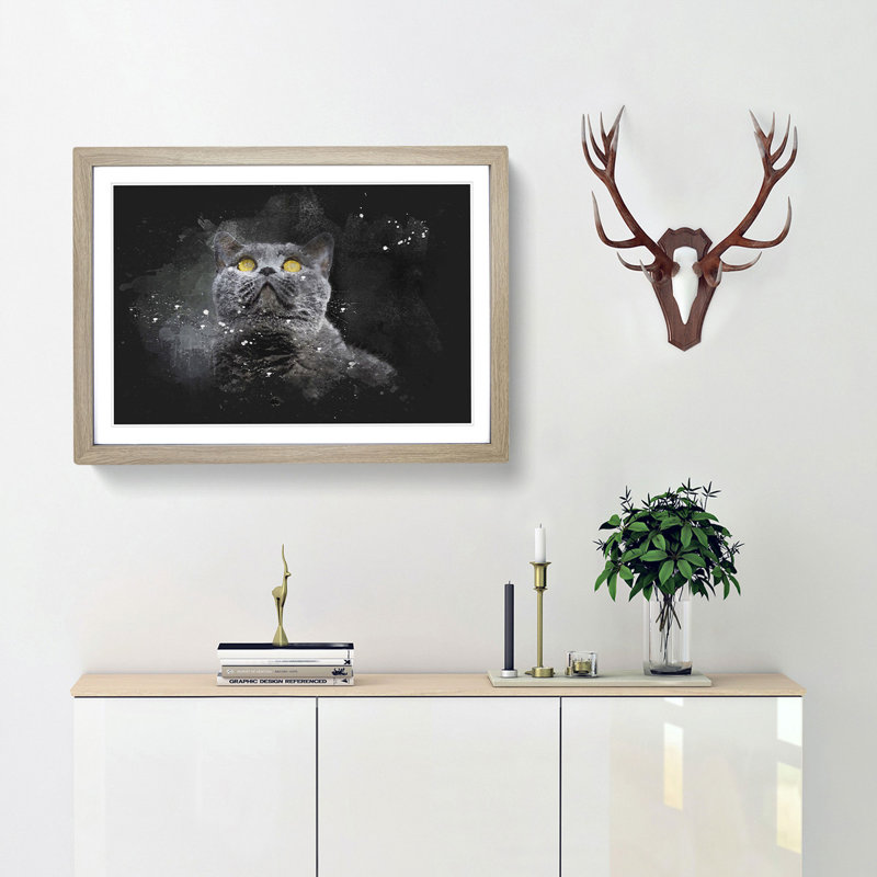 British Shorthair Cat In The Shadows Paint Splash - Picture Frame Graphic Art, 24cm H x 33cm W x 2cm D, Oak Framed