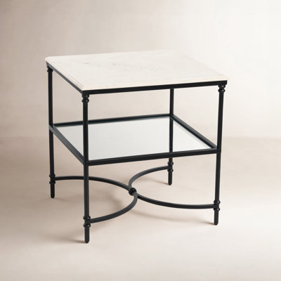 Libertine Genuine Marble and Metal End Table with Glass Storage Shelf