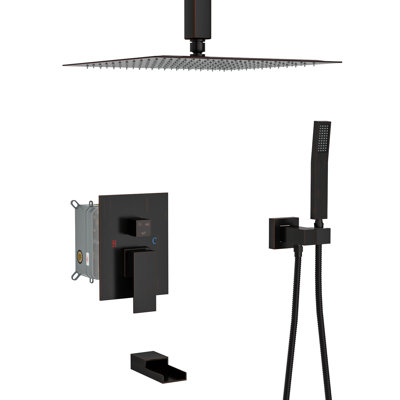Collection de douche bronze huilé et huile - Douche de baignoire à fixation au plafond de 12 po à 3 fonctions de pluie et douches à main - Valve équilibrée, système d’assurance facile à installer avec propreté de 12 pouces