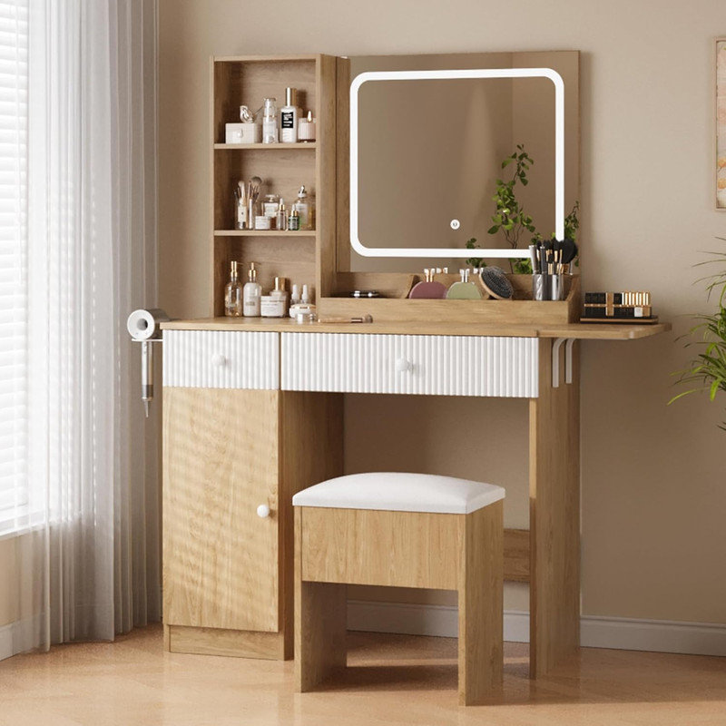 Makeup Vanity Desk w/ LED Lights & Power Outlets - 2 Drawers, Cabinet & Stool - Dressing Table with Charging Station, Brown