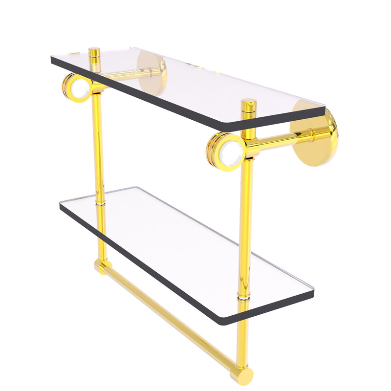 Margolis 2 Piece Glass Tiered Shelf with Towel Bar, 12.8" H x 16" W x 5.6" D, Polished Brass
