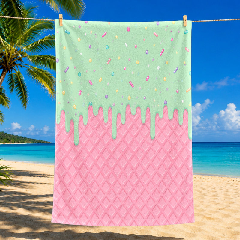1Pièce de serviette de plage gaufrée à la crème glacée mignonne, avec un motif de gaufres roses avec un glaçage vert menthe et des paillettes colorées. Grande microfibre, parfaite pour les voyages, les voyages, les fêtes à la piscine, unisexes.