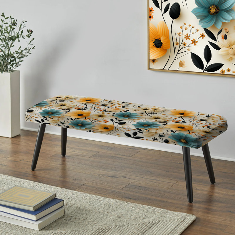 Jardin floral rétro bleu et beige - Banc rembourré noir rétro