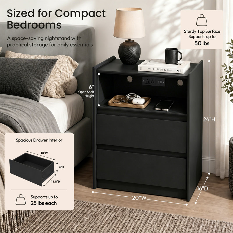 Modern 20" Nightstand with Charging Station, 2 Drawers and Open Shelf Set of 2, Black, Set of 2