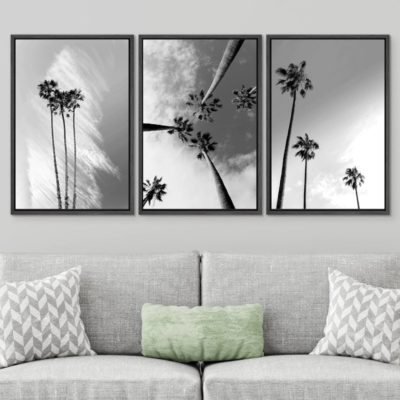 «Black and White Tropical Palm Tree Coastal», reproduction d'art encadrée sur toile 3 pièces, H 36 po x l 72 po, Noir