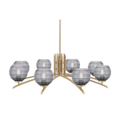 Lustre 8 lumières kurve présenté en finition nouvel âge laiton avec verre nervuré de 6 po