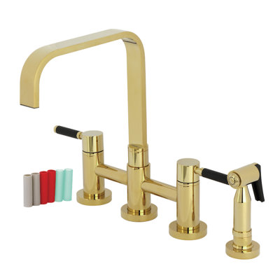 Kingston Brass Kaiser Two-Handle 4-Hole Deck Mount Bridge Kitchen Faucet with Brass Side Sprayer