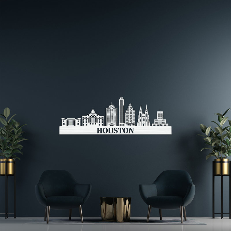 Décoration murale en bois Houston City Skyline, H 14 po x l 46 po x P 0,25 po, Naturel