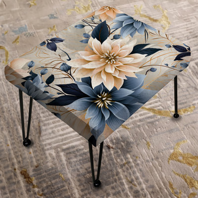 White & Blue Geometric Poinsettia Harmony Elegance - Floral Rectangle Ottoman