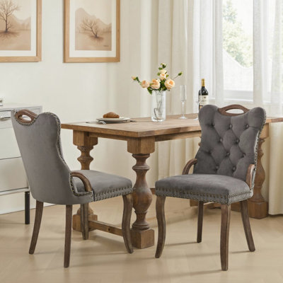 Set of 2 Velvet Dining Chairs with Hand-Tufted Trim, French-American Style Wingback Chair with Solid Wood Legs