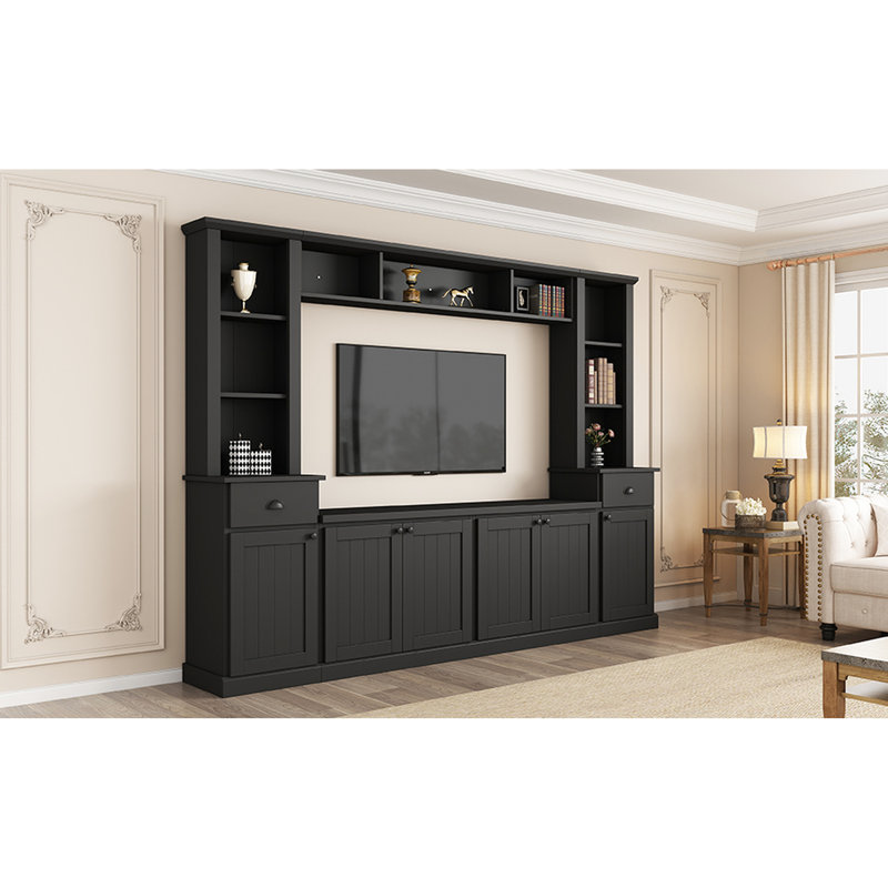 Meuble audio-vidéo pour téléviseur de 75 po, noir, avec options de rangement polyvalentes et tablettes réglables