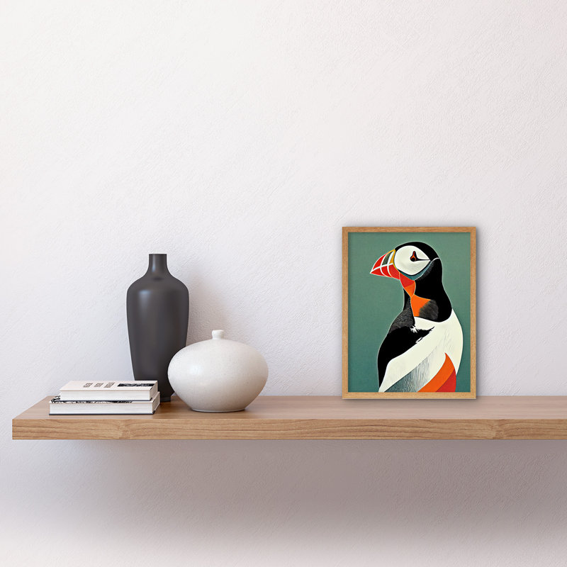 Bright Colourful Atlantic Puffin Bird - Print, Light Brown Framed Paper, 25.9cm H x 20.6cm W