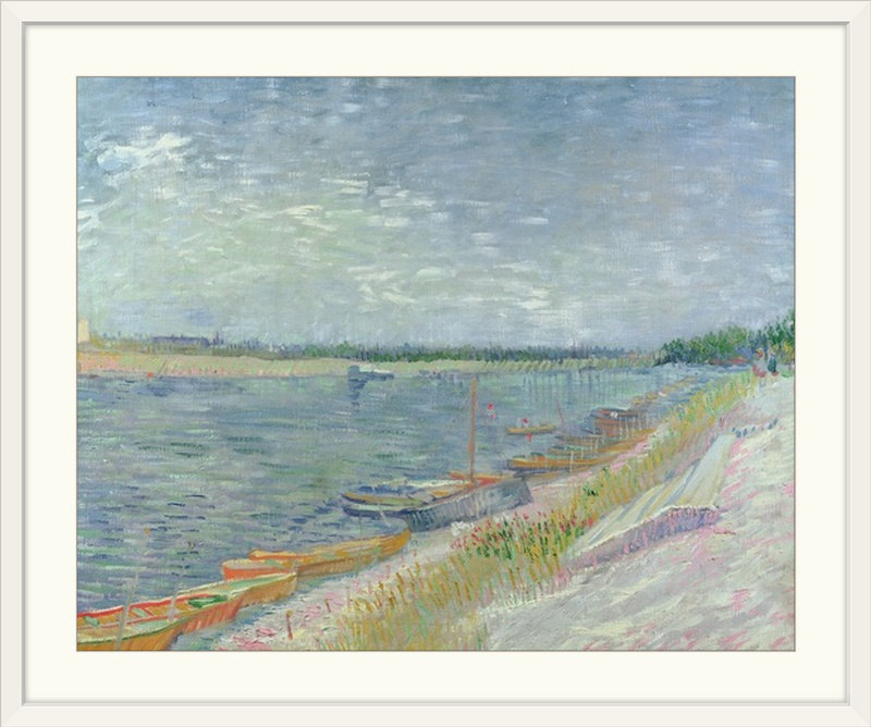 «Moored Boats, 1887» par Vincent Van Gogh, reproduction sur toile, H 27 po x l 32 po x P 1 po, Cadre blanc