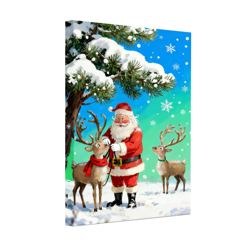 Père Noël avec renne dans la forêt enneigée, H 24 po x l 16 po