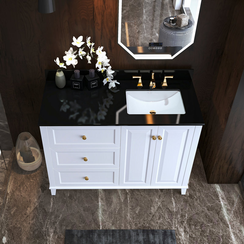 Hannah 48'' Single Bathroom Vanity with Quartz Top, Black, White/Brushed Gold, Right