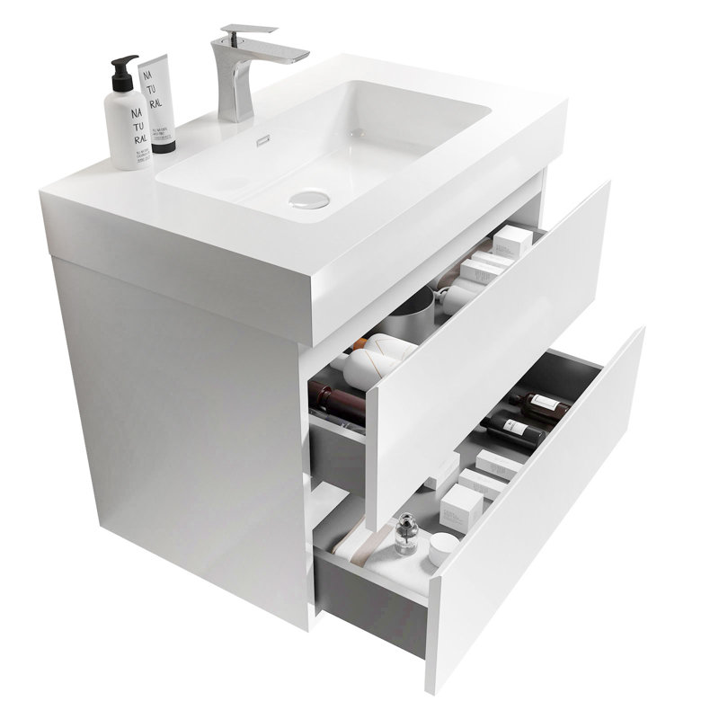 24 Inch Wall-Mounted Single Bathroom Vanity with Solid Surface Top with Overflow, Pre-Assembled, 24", White, White