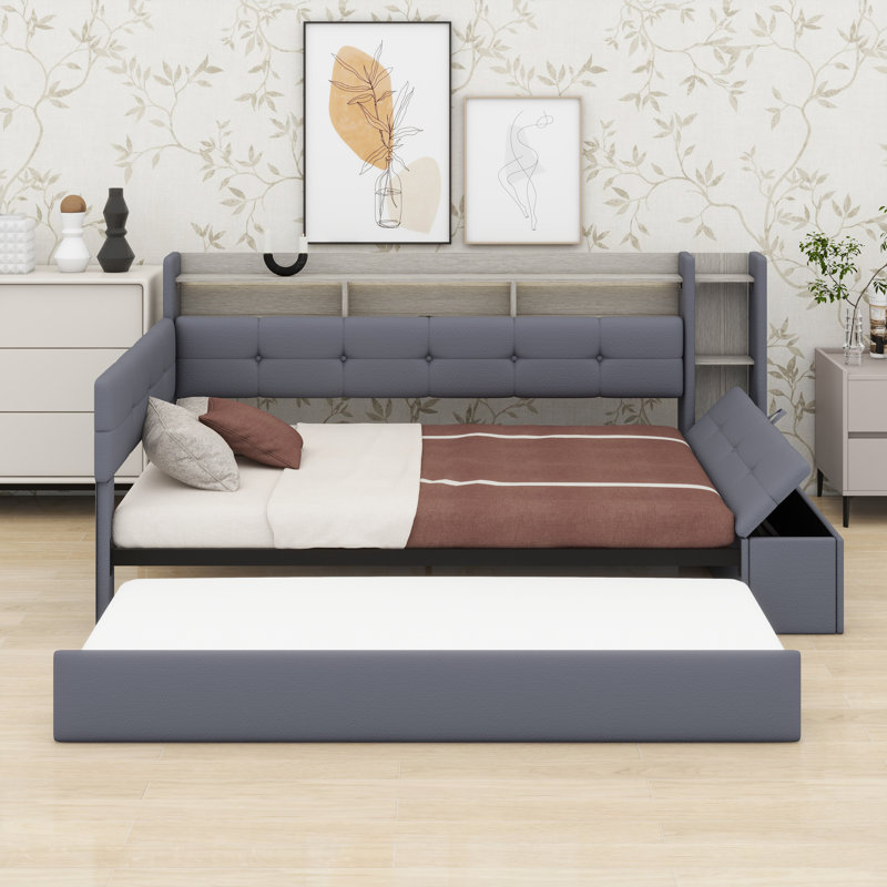 Daybed with Storage Footstool & Shelves, Upholstered Frame with Trundle, USB & LED Light, Grey