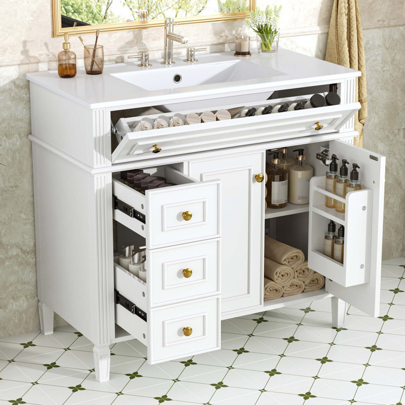 Meuble-lavabo moderne avec tiroir escamotable et quincaillerie à fermeture en douceur, Blanc